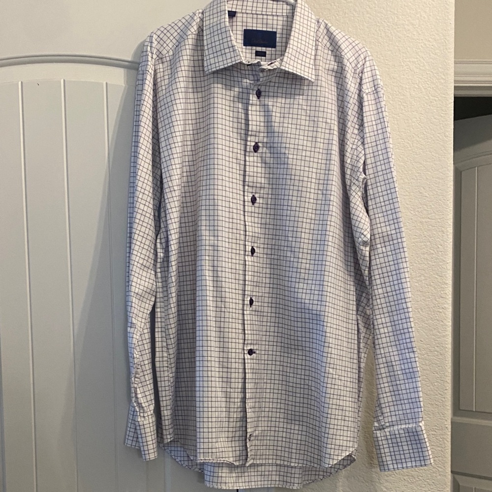 David Donahue White and Purple Check Trim Fit Button Up Shirt, 18.5, 36/37